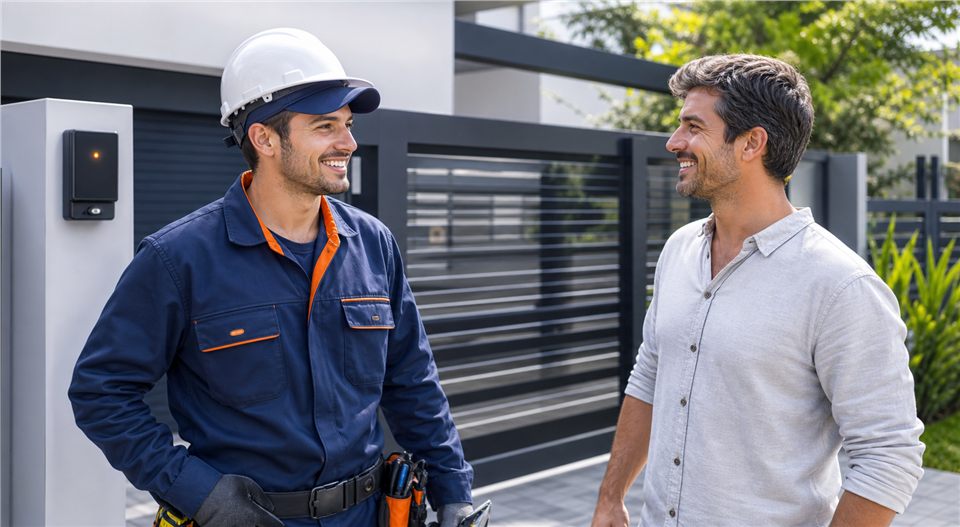 T&eacute;cnico atendendo cliente satisfeito em resid&ecirc;ncia com port&atilde;o autom&aacute;tico